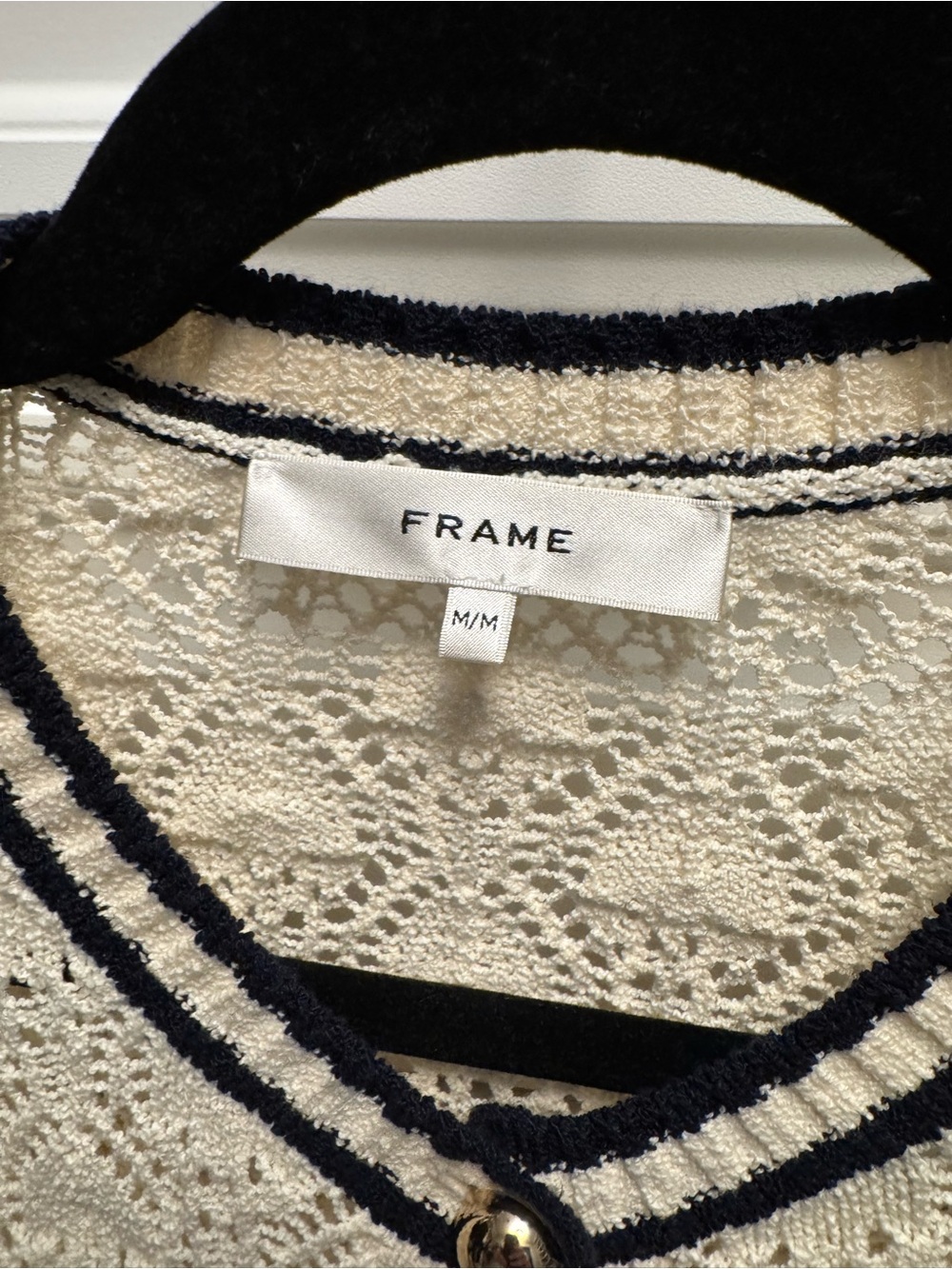 Frame Denim Cream Knit Cardigan with Navy Trim and Gold Buttons - Picture 2 of 8